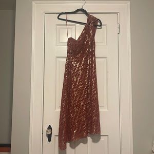 Reiss Delilah One Shoulder Metallic Midi Dress red and gold